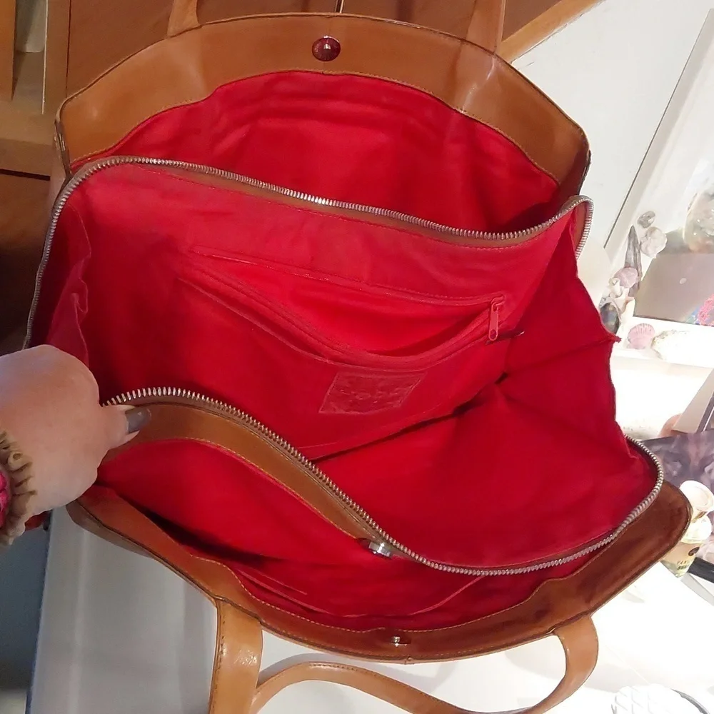 Hobo Womens Vintage Tan Orange Leather Zipper Tote Bag Minimalist Large